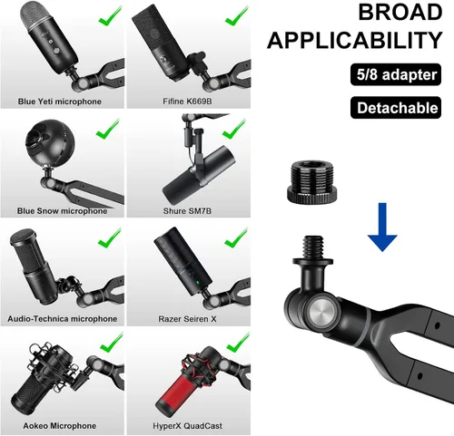Miniatura 6 de Brazo de suspensión para micrófono Aokeo AK-45, soporte de escritorio ajustable y compacto para micrófono de suspensión tipo tijera para Blue Yeti