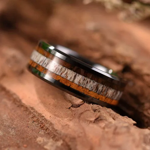 Miniatura 8 de THREE KEYS JEWELRY 6,8mm Black/White Ceramic Wedding Ring with Real Koa Wood Inlay Flat Top Wedding Band Engagement Ring Comfort Fit Size 4-16