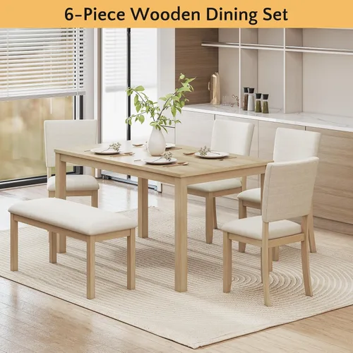 Miniatura 7 de Zevemomo Juego de mesa de comedor de madera maciza de 6 piezas, incluye 1 mesa de comedor, 4 sillas tapizadas y 1 banco, juego de mesa de comedor