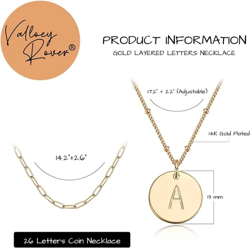 Miniatura 5 de Valloey Rover - Collares con inicial para mujer, chapado en oro de 14 quilates, delicado collar de letra redonda, dije de disco de moneda de doble