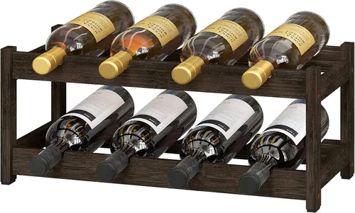 BAMEOS Estante de vino independiente de 2 niveles y 8 botellas, estantes de vino de bambú, gabinete de encimera, soporte de vino, estante de