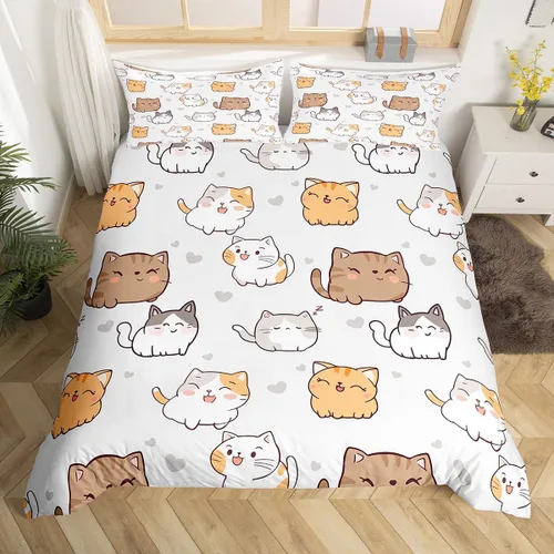 Miniatura 22 de Erosebridal Juego de funda de edredón con diseño de gato y fresa, tamaño individual, diseño de caricaturas, arcoíris, con temática de animales