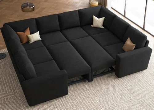 Miniatura 20 de HONBAY Sofá seccional modular con cama extraíble, sofá cama con forma de U extraíble con secciones de almacenamiento para sala de estar - Beige
