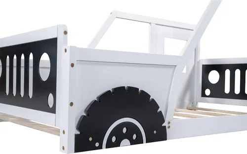 Miniatura 5 de Cama de piso tamaño individual con ruedas, marco de cama Montessori con valla y puerta, cama individual de madera maciza para niños y niñas