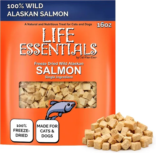 Miniatura 8 de Life Essentials by Cat-Man-Doo Salmón - Paquete de 2 bolsas de 5 onzas Golosinas liofilizadas de salmón para gatos y perros Saludables, de un