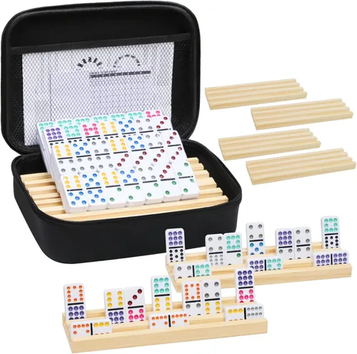 Miniatura 8 de Juego de dominó de tren mexicano con números y 8 bandejas/estantes de madera, juego de dominó doble 12 de viaje con 8 soportes para fichas, juego