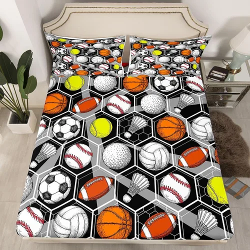 Miniatura 3 de Juego de ropa de cama para juegos de pelota, básquetbol, fútbol, sábana bajera hexagonal, geométrica, deportiva, sábana plana, béisbol, tenis