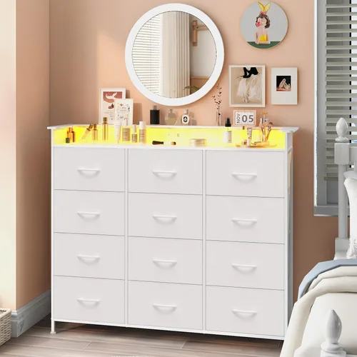 Miniatura 9 de Cómoda negra con luz LED, 12 cajones con estación de carga, cómoda para dormitorio con 12 cajones de tela para dormitorio, pasillo, entrada
