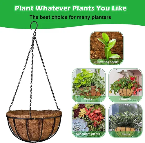 Miniatura 4 de GWY Cestas colgantes para macetas, 3 paquetes de 12 pulgadas, soporte de alambre de metal para plantas con forro de coco y cadena negra para colgar