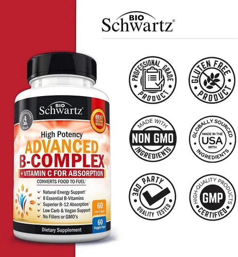 Miniatura 6 de Complejo de vitamina B con vitamina C para una máxima absorción – Metilcobalamina b12 y folato ácido fólico suplemento – Vitaminas B1 B2 B3 B5 B6 B7