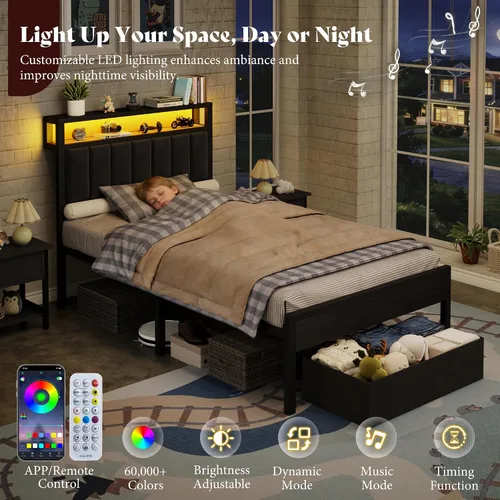 Miniatura 3 de AMERLIFE Base de cama individual con luz LED y 2 cajones de almacenamiento, plataforma de metal con cabecera de almacenamiento, tapizada