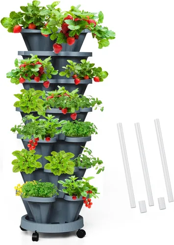 Miniatura 33 de Macetas verticales de fresa, paquete de 2 unidades, torre apilable de 5 niveles con poste de soporte, macetas apilables para hierbas y verduras