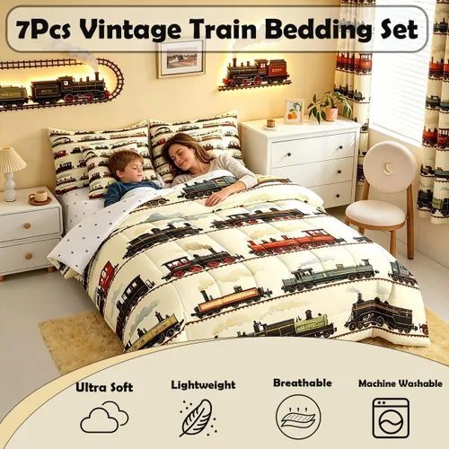 Miniatura 3 de Feelyou Juego de edredón de tren vintage de 7 piezas, diseño retro de motor de vapor para niños y niñas, juego de ropa de cama retro de tren