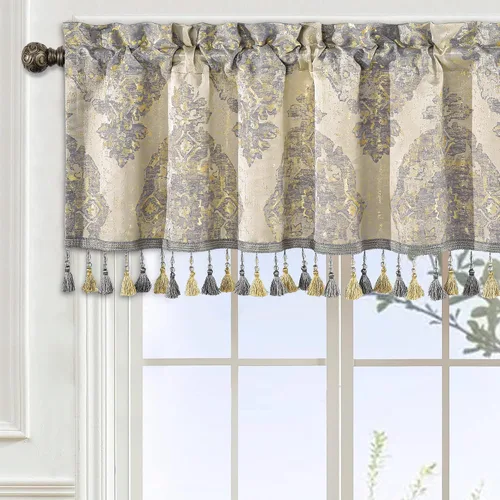 Miniatura 13 de Loom and Mill Cenefas de jacquard de lujo para ventana de sala de estar, elegante cenefa de cortina de damasco beige con ribete de cuentas, cortina