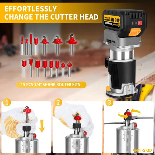 Miniatura 7 de JEXUGK Enrutador Inalámbrico Sin Escobillas, Enrutador de Madera Compacto de 21V con Batería de 2x4.0Ah, Enrutador de Palma Portátil Pequeña con 6