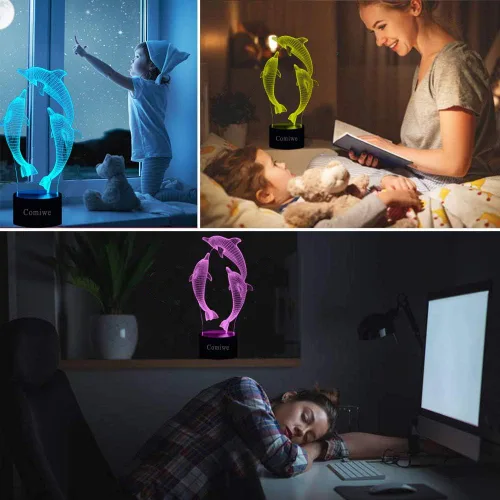 Miniatura 5 de Dolphin - Luz nocturna de ilusión 3D, lámpara de noche LED regulable de 16 colores con control táctil y remoto, USB y alimentada por batería