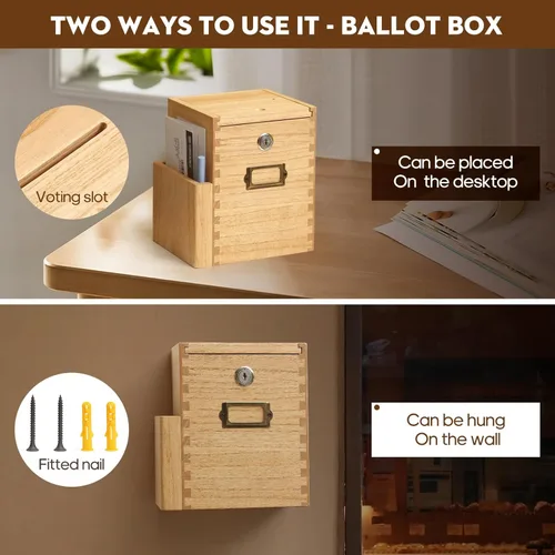Miniatura 4 de KIRIGEN Caja de sugerencias de madera con cerradura y 2 llaves, urna montada en la pared o encimera con bolsillo lateral para formularios, caja