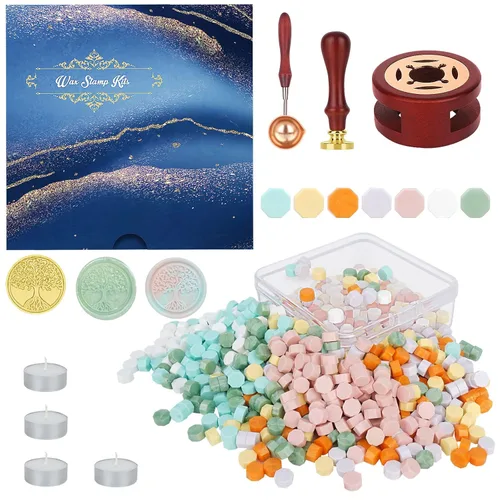 Miniatura 10 de Juego de sello de cera con 357 piezas, con cuentas de cera, sello, calentador, cuchara, velas para sobres y cartas vintage (Negro)