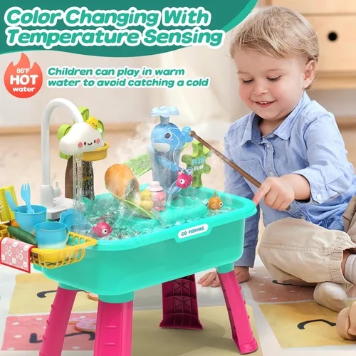 Miniatura 2 de 4-en-1 Juguetes de fregadero de cocina con agua corriente para niños, juguete de mesa eléctrica que cambia de color con animales, alimentos, Azul