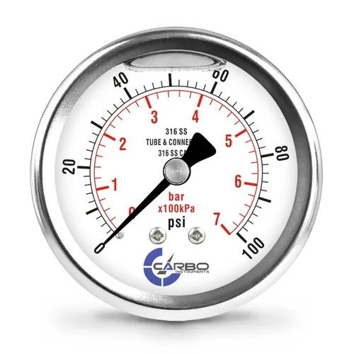 Miniatura 32 de Medidor de presión relleno de líquido de 300 PSI, dial de 2.5 pulgadas, montaje trasero 1/4 NPT, estuche 316 SS, 316 piezas mojadas SS, PSI/barra