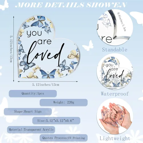 Miniatura 2 de Yulejo Regalo inspirador de mariposa con texto en inglés "You Are Loved", recuerdo acrílico en forma de corazón con mariposas azules rústicas