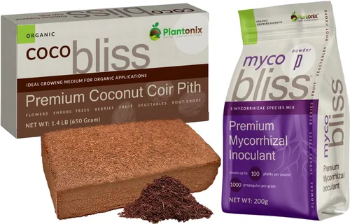 Ladrillo de coco (650 gm) + polvo Myco Bliss (7.05 oz) – Fibra de coco orgánica para plantas y micorrizas para plantas – Inoculante de hongos