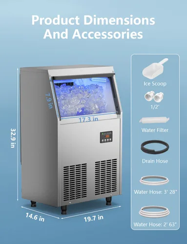 Miniatura 9 de Coolski Máquina comercial para hacer hielo, 150 libras/24 horas, máquina de hielo debajo del mostrador con almacenamiento de hielo de 35 libras