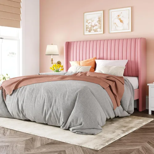 Miniatura 10 de Allewie - Base de cama tamaño King con cabecera acolchada en terciopelo y diseño acanalado vertical; plataforma de cama tapizada; listones de madera