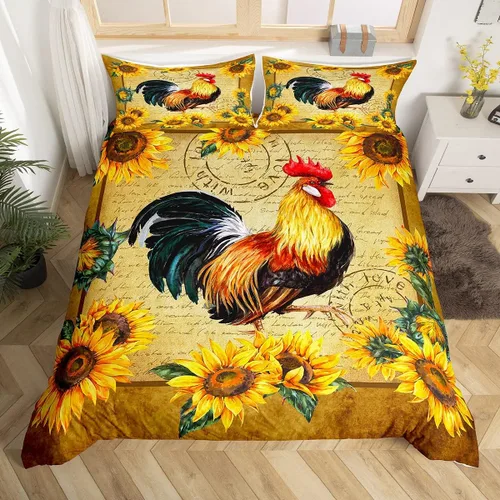 Miniatura 3 de Juego de ropa de cama de gallo estilo granja, tamaño Queen, funda de edredón de girasol amarillo para niños, niñas y adolescentes, funda de edredón