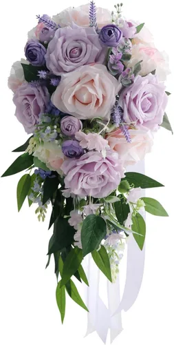 MOJUN Ramos de boda para novia, rosa morada, taro, gota de agua, ramo de novia en cascada para novia, ramo de novia en cascada para ceremonia de F