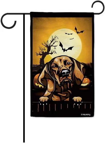 Miniatura 8 de Bandera de jardín de calabaza de Feliz Halloween Jack O'Lantern con perro Rhodesian Ridgeback Halloween Bat Boo Bandera decorativa para patio al