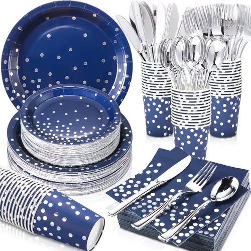 Miniatura 8 de Sieral 560 piezas de suministros de fiesta negros y dorados para 80 invitados, kits de vajilla de punto dorado, platos de papel negro, tazas