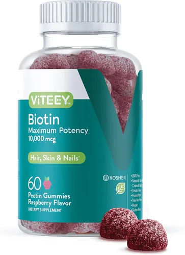 Viteey Gomitas de biotina - 10,000 mcg - 60 unidades | Gomitas de biotina para el crecimiento del cabello para la piel y las uñas, veganas, sin