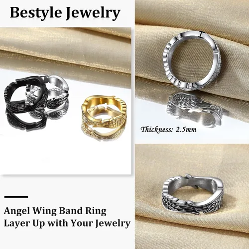 Miniatura 7 de Bestyle Anillos antiguos de ala de ángel para mujeres y hombres, anillos de banda de plumas de guardián, anillos de promesa de pareja