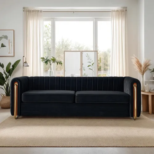 Miniatura 34 de KEIKI Sofá Chesterfield de terciopelo con botones capitoné de 87 pulgadas con cojines de espuma de alta densidad, moderno sofá de 3 plazas con Negro