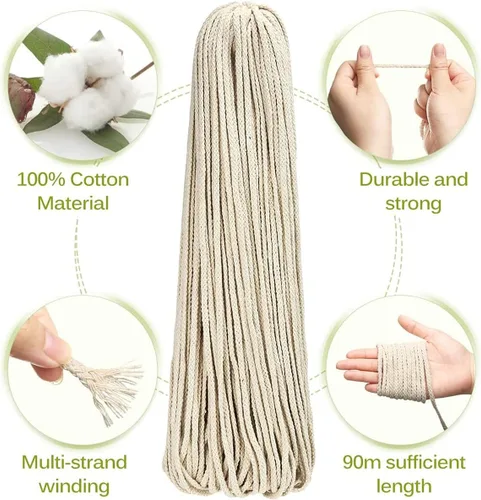 Miniatura 4 de 5 mm * 90 m Cuerda de macramé de algodón natural de 8 hebras trenzadas para manualidades, hilo para tejer para colgar en la pared y manualidades DIY