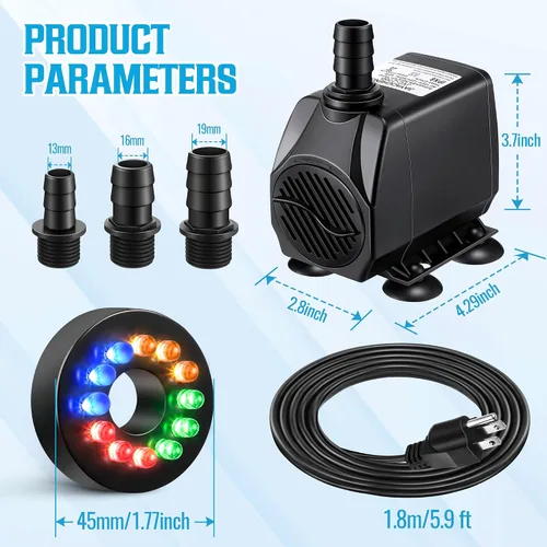 Miniatura 7 de Bomba de agua sumergible de 45 W 2700 l/h para fuente con luz, elevación de 8.86 pies, bomba de fuente ultra silenciosa con 3 boquillas