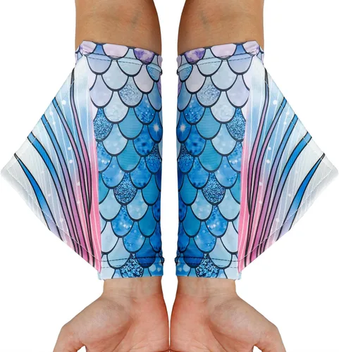 color cosplayer Guantes de sirena con diseño de escamas de pez, mangas para brazos, aleta impresa, accesorios de disfraz de Halloween para mujeres