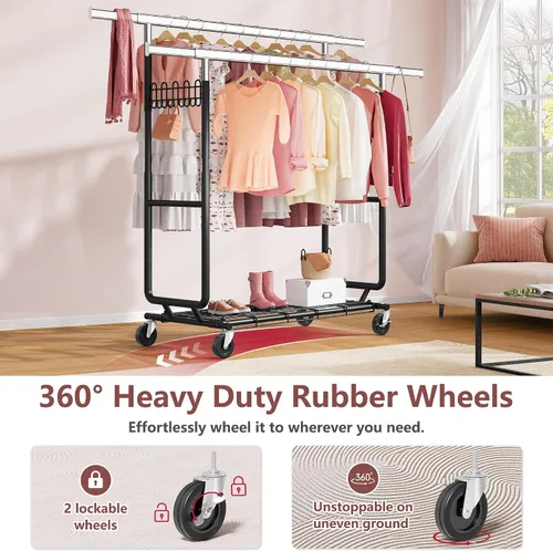 Miniatura 6 de Hoctieon Perchero de doble varilla de montaje en 2 minutos, estante resistente para ropa con ruedas, plegable para uso comercial, barra extensible