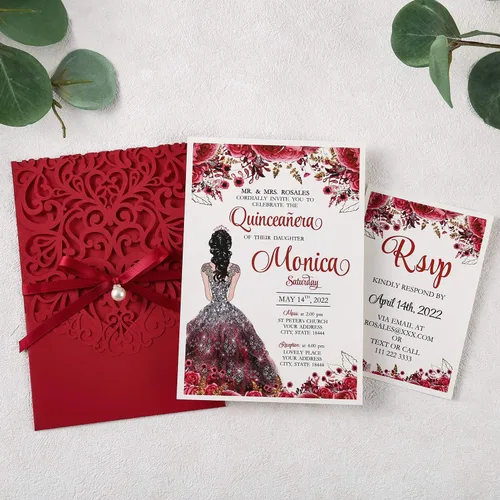Miniatura 4 de 50 invitaciones de quinceañera personalizadas de 5x7.2 pulgadas, corte calado mediante láser, color rojo, con tarjetas RSVP y sobres, y banda