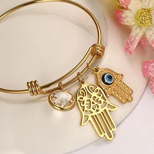 Miniatura 2 de Pulsera de acero inoxidable con dije de mal de ojo, buena suerte, Hamsa, mano de Fátima, regalo para mujer, Acero inoxidable