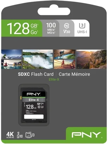 Miniatura 2 de PNY Tarjeta de memoria flash Elite-X Class 10 U3 V30 SDXC de 128 GB, 100 MB/s, clase 10, U3, V30, 4K UHD, Full HD, UHS-I, SD de tamaño completo