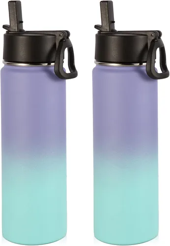 Volhoply Botellas de Agua Aisladas con Pajita a Granel Paquete de 2, Botella Deportiva de Acero Inoxidable de 22 oz con Tapa con Asa, Tazas de Agua