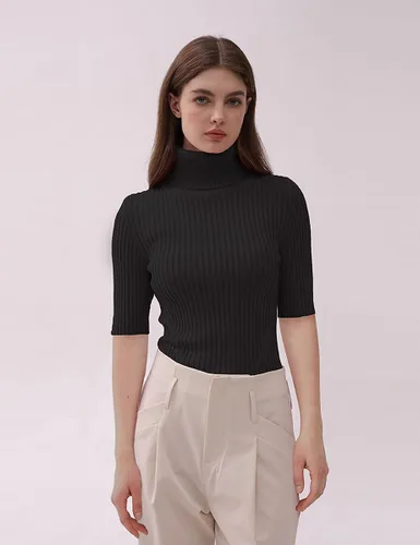 Miniatura 5 de v28 - Suéter ajustado de cuello alto con mangas de media sisa para mujer, de punto acanalado altamente elástico