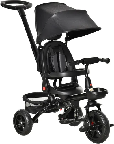 Qaba Triciclo para niños, triciclo plegable 4 en 1 con asiento reversible, mango ajustable para padres, arnés de seguridad, frenos de rueda, toldo