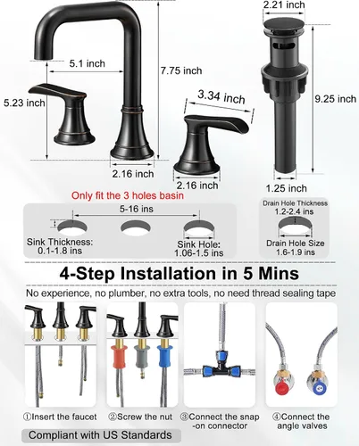 Miniatura 6 de Grifo de baño de bronce aceitado de 8 pulgadas, 3 agujeros, giratorios de 360 grados con drenaje emergente, 2 asas para instalación moderna