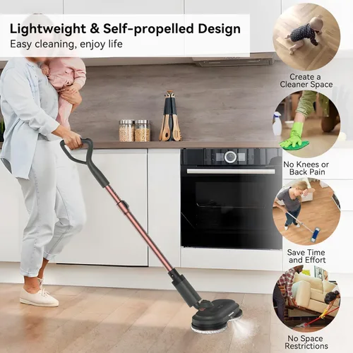 Miniatura 7 de Trapeador eléctrico inalámbrico, limpiador de piso eléctrico con rociador de agua y faros LED, hasta 60 minutos de duración, potente trapeador Marrón