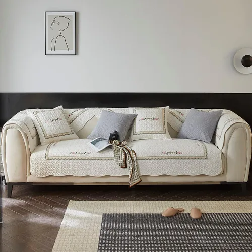 Miniatura 2 de vctops Funda de sofá con bordado neutro para sillón, funda acolchada de algodón para sofá modular, funda antideslizante y lavable, protector