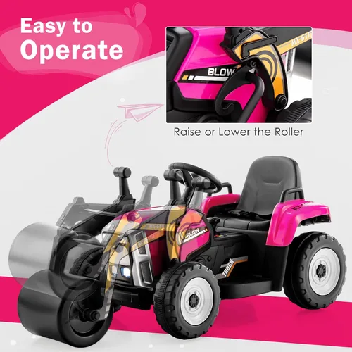 Miniatura 3 de Costzon Auto para montar en coche, rodillo de carretera de 12 V con control remoto, tractor eléctrico a batería con rodillo de tambor ajustable, Rosa