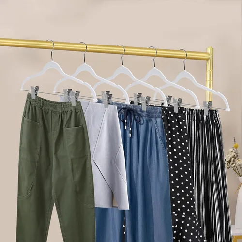 Miniatura 6 de Perchas de plástico de calidad, no aterciopeladas, compactas, delgadas y compactas con clips de metal para faldas, pantalones, blusas, gancho Blanco